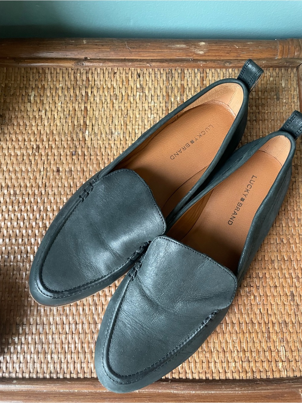 Lucky Brand Black Leather Slip-On Loafers with Tan Insole
